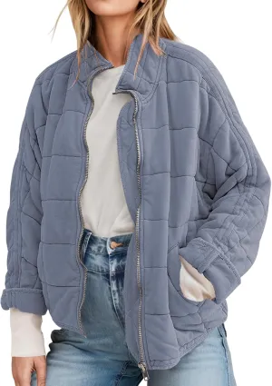 ETCYY Women's Causal Lightweight Quilted Jackets Long Sleeve Oversized Warm Winter Zip Up Coat with Pockets
