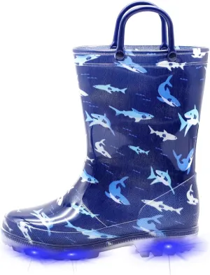 EUXTERPA Kids Toddler Light Up Rain Boots Boys Waterproof Patterns and Glitter Boots with Easy On Handles