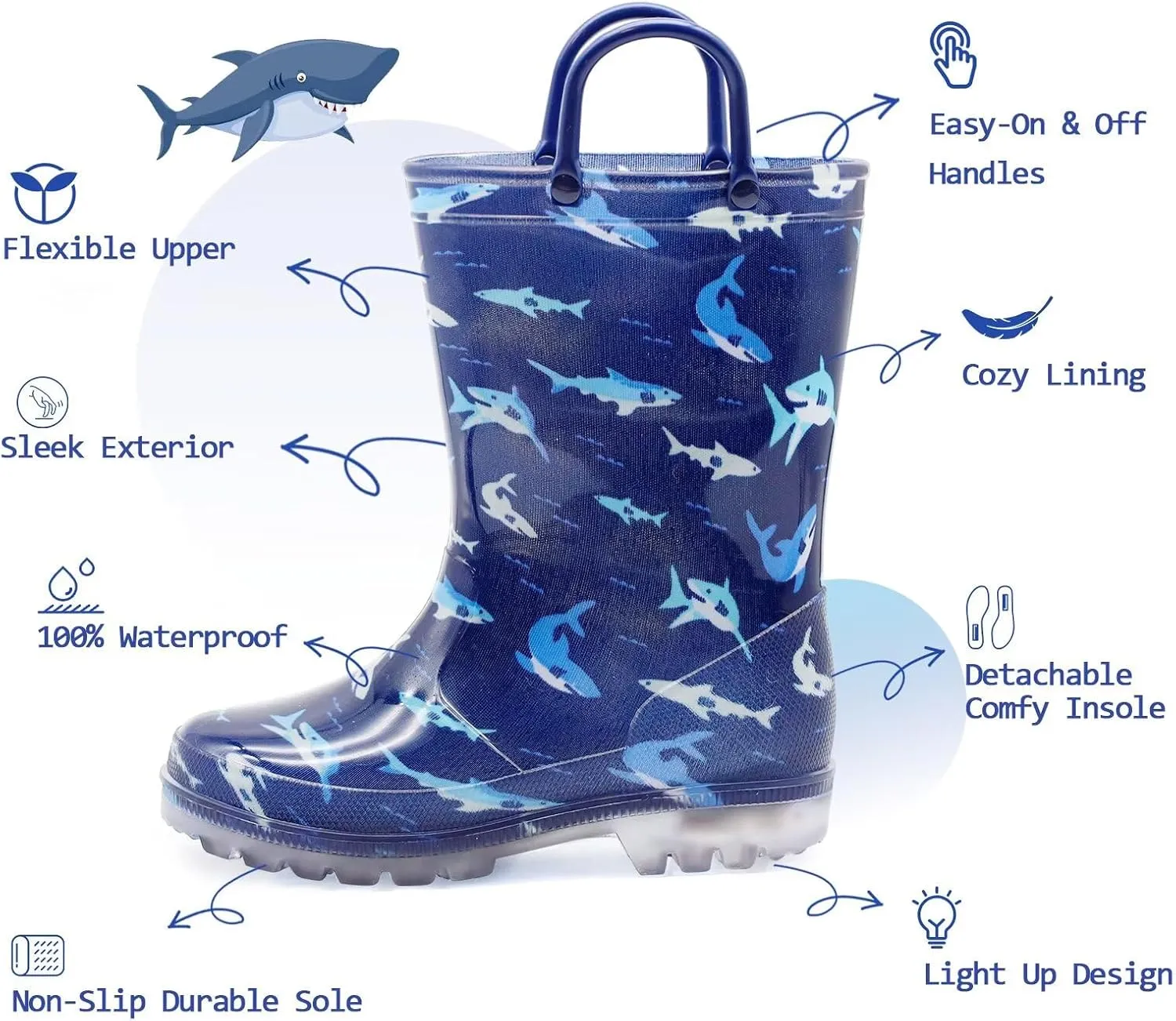 EUXTERPA Kids Toddler Light Up Rain Boots Boys Waterproof Patterns and Glitter Boots with Easy On Handles