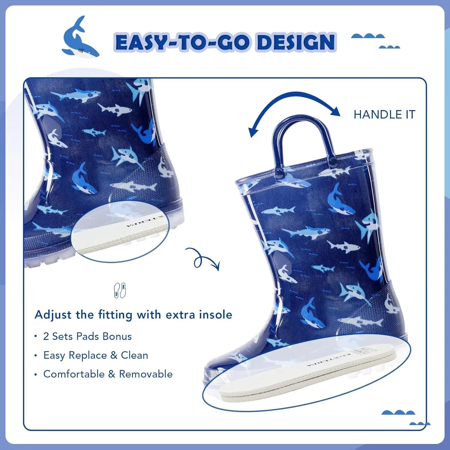 EUXTERPA Kids Toddler Light Up Rain Boots Boys Waterproof Patterns and Glitter Boots with Easy On Handles
