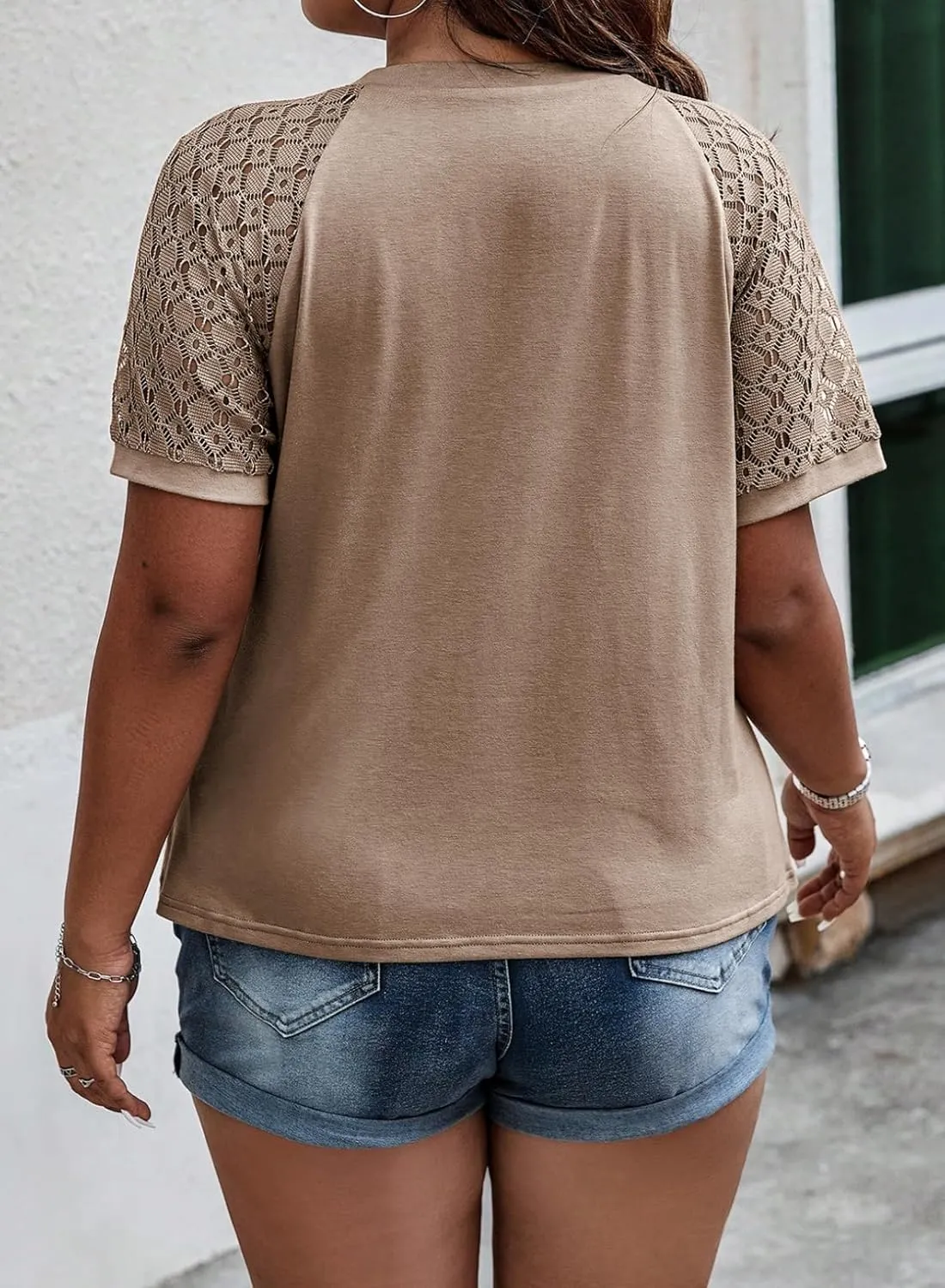 Eytino Plus Size Tops for Women Summer Lace Short Sleeve Crewneck Loose Casual Blouse Tunic T Shirts(1X-5X)