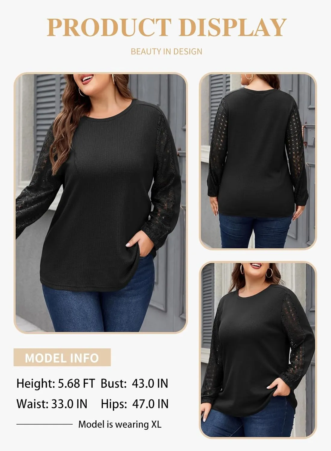 Eytino Womens Plus Size Tops Lace Long Sleeve Waffle T Shirts Casual Crewneck Tunic Tops(1X-5X)
