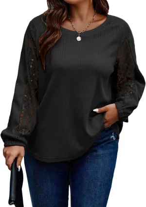 Eytino Womens Plus Size Tops Lace Long Sleeve Waffle T Shirts Casual Crewneck Tunic Tops(1X-5X)