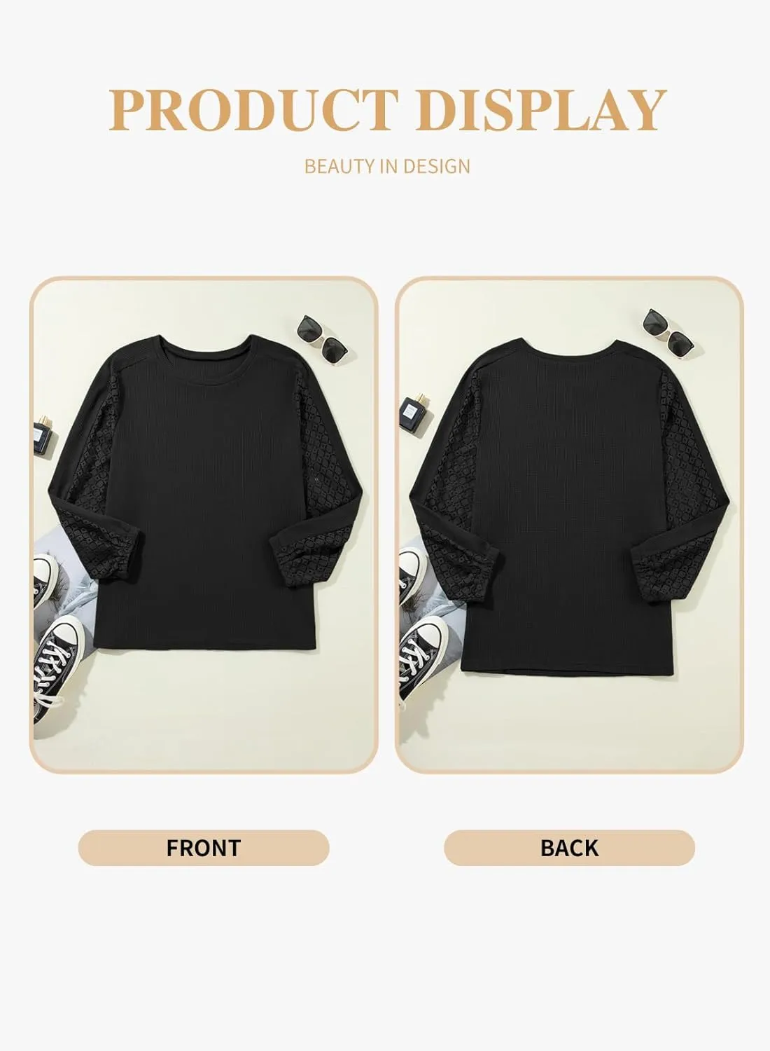 Eytino Womens Plus Size Tops Lace Long Sleeve Waffle T Shirts Casual Crewneck Tunic Tops(1X-5X)