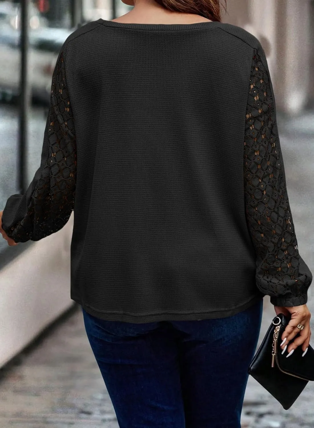 Eytino Womens Plus Size Tops Lace Long Sleeve Waffle T Shirts Casual Crewneck Tunic Tops(1X-5X)