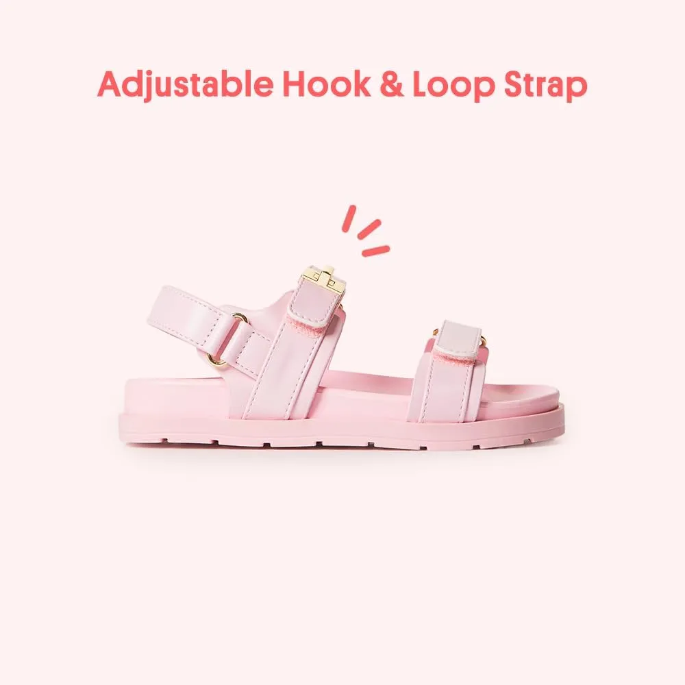 FabKids Girl's Flat Sandals Comfort Adjustable Double Strap Slip on Leather Footbed Sandals for Toddler Little Kid Big Kid