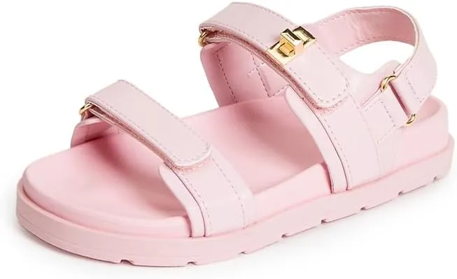 FabKids Girl's Flat Sandals Comfort Adjustable Double Strap Slip on Leather Footbed Sandals for Toddler Little Kid Big Kid