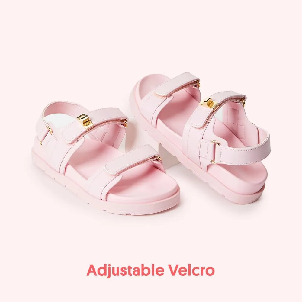 FabKids Girl's Flat Sandals Comfort Adjustable Double Strap Slip on Leather Footbed Sandals for Toddler Little Kid Big Kid