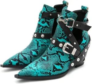 FAIRSOMA Women'S Cutout Snakeskin Chunky Heels Ankle Boots With Double Buckle,Casual Cutout Stacked Mid-Heels Pointed Toe Chelsea Western Booties Dress Jeans Booties