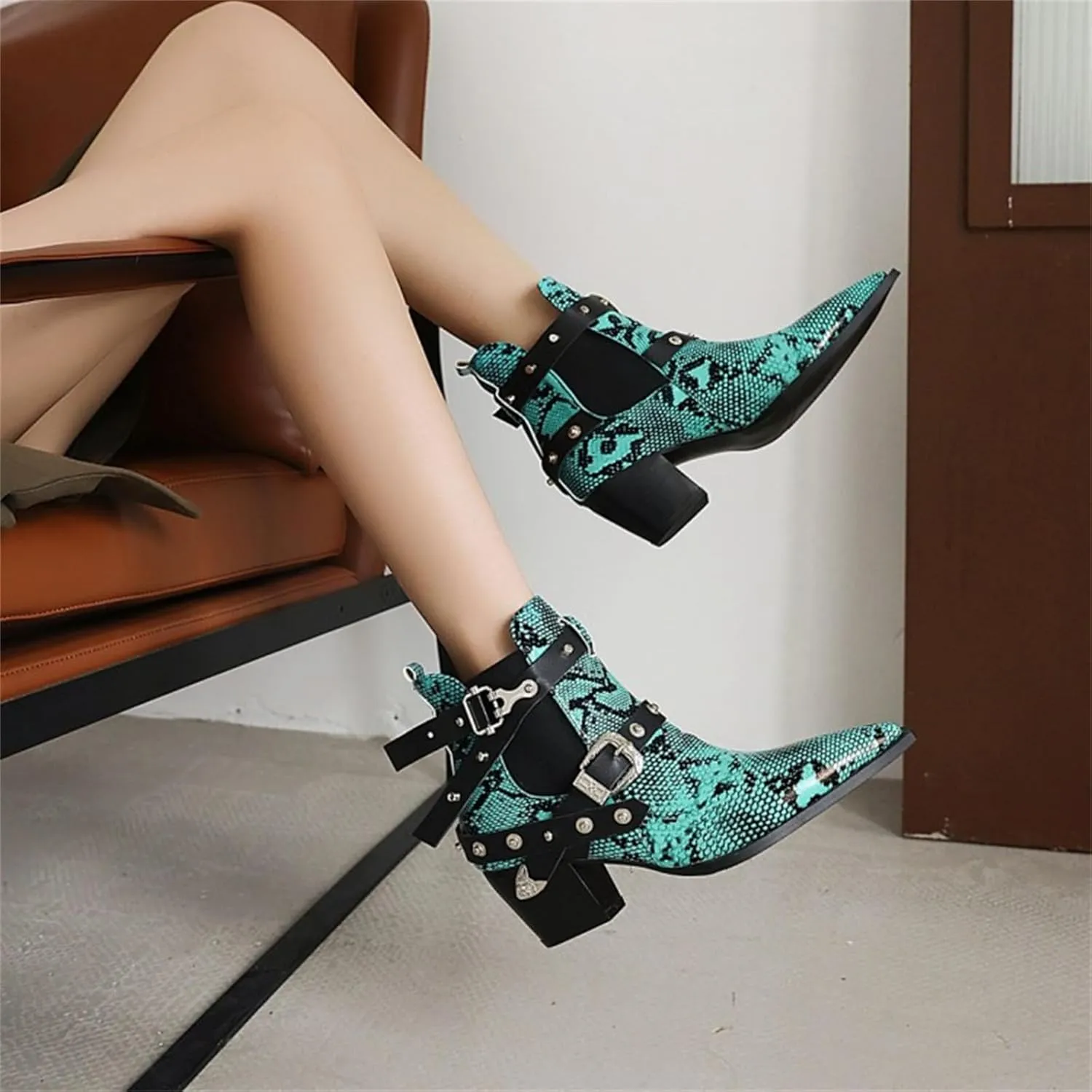 FAIRSOMA Women'S Cutout Snakeskin Chunky Heels Ankle Boots With Double Buckle,Casual Cutout Stacked Mid-Heels Pointed Toe Chelsea Western Booties Dress Jeans Booties