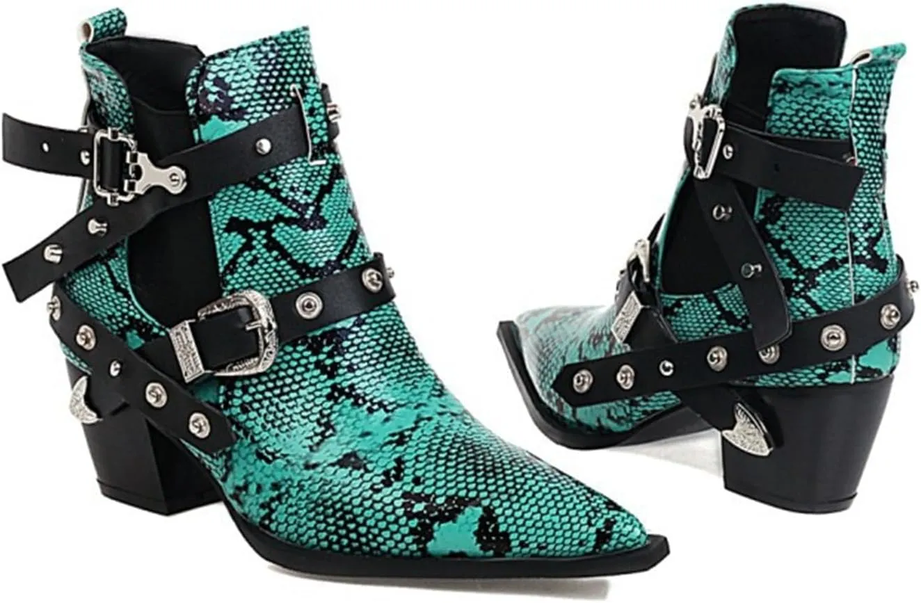 FAIRSOMA Women'S Cutout Snakeskin Chunky Heels Ankle Boots With Double Buckle,Casual Cutout Stacked Mid-Heels Pointed Toe Chelsea Western Booties Dress Jeans Booties