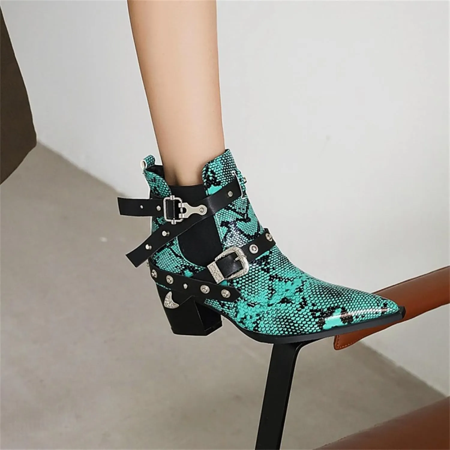 FAIRSOMA Women'S Cutout Snakeskin Chunky Heels Ankle Boots With Double Buckle,Casual Cutout Stacked Mid-Heels Pointed Toe Chelsea Western Booties Dress Jeans Booties