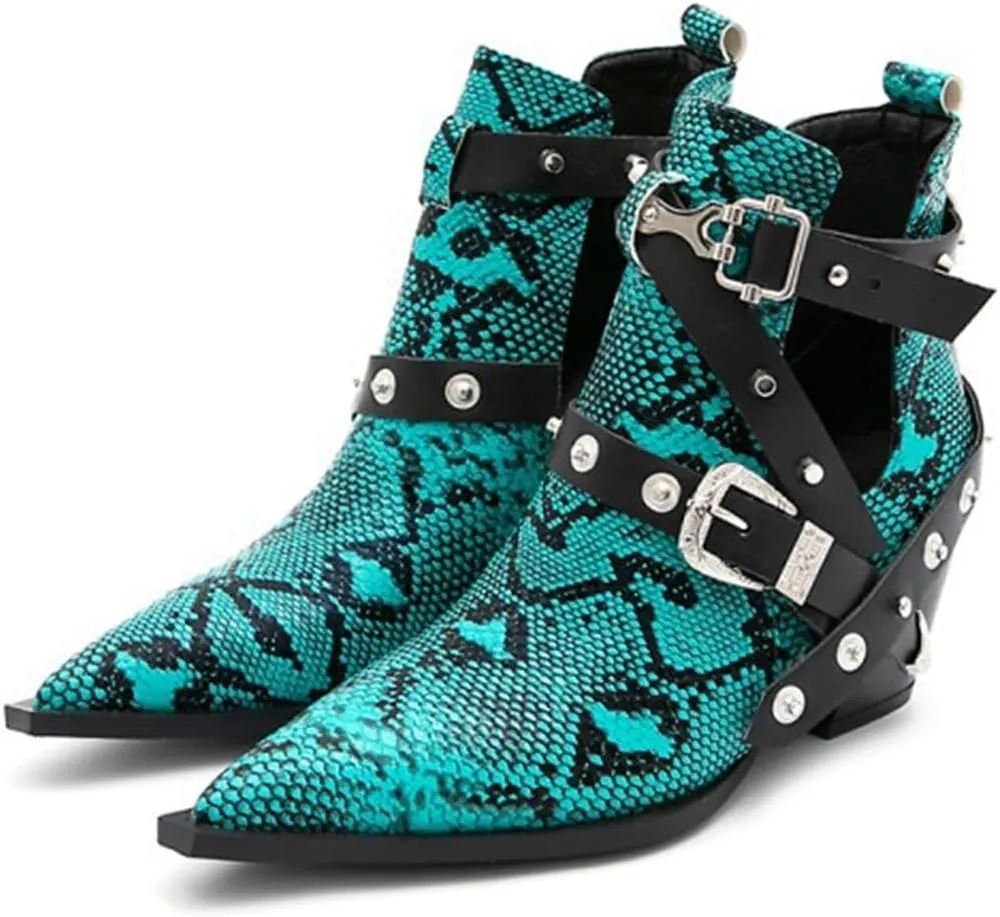 FAIRSOMA Women'S Cutout Snakeskin Chunky Heels Ankle Boots With Double Buckle,Casual Cutout Stacked Mid-Heels Pointed Toe Chelsea Western Booties Dress Jeans Booties