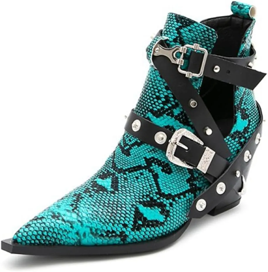FAIRSOMA Women'S Cutout Snakeskin Chunky Heels Ankle Boots With Double Buckle,Casual Cutout Stacked Mid-Heels Pointed Toe Chelsea Western Booties Dress Jeans Booties