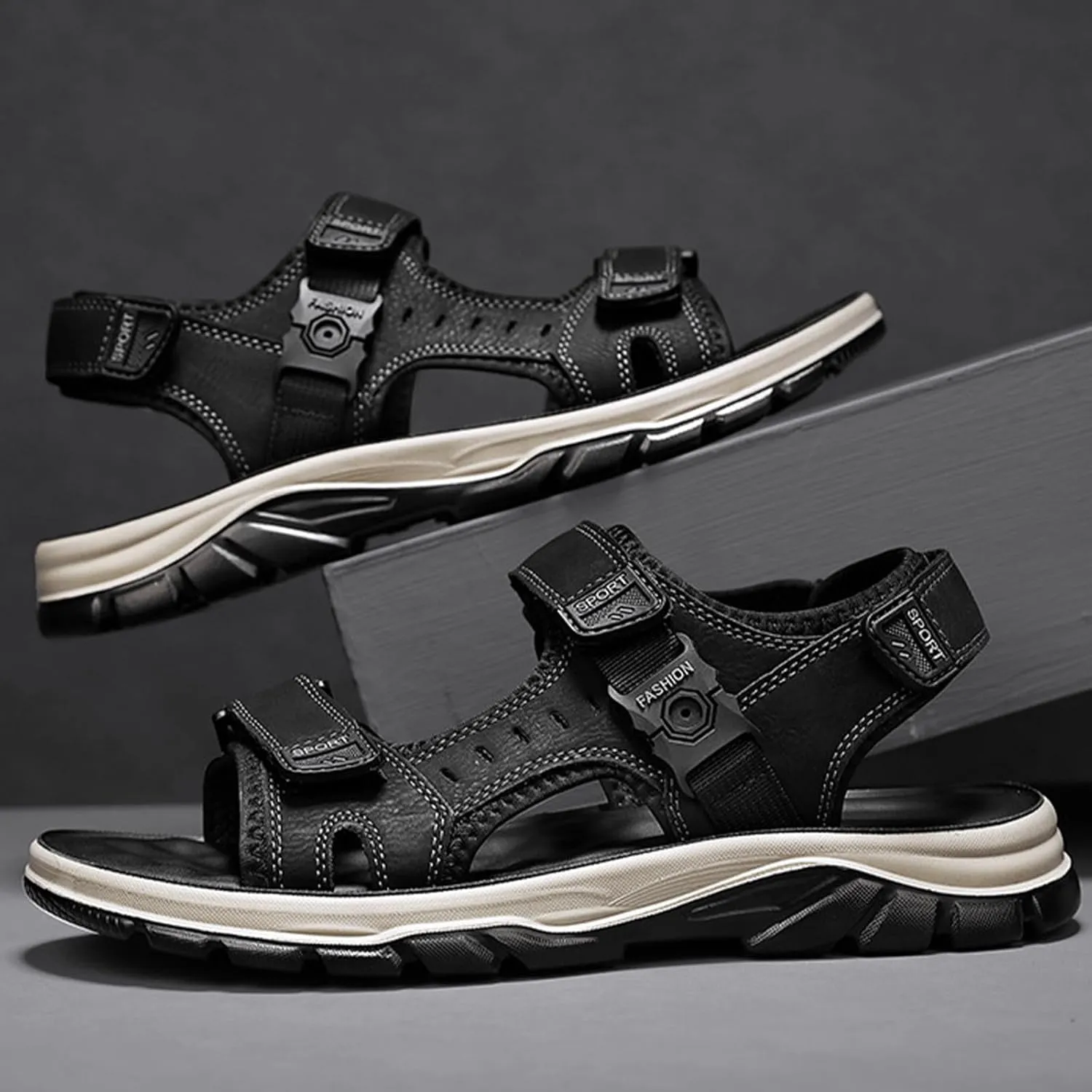 Fashion Men's Hiking Open-Toe Sandals, Breathable Classics Real Leather Sports Sandals, Outdoor Backpacking Beach Shoes