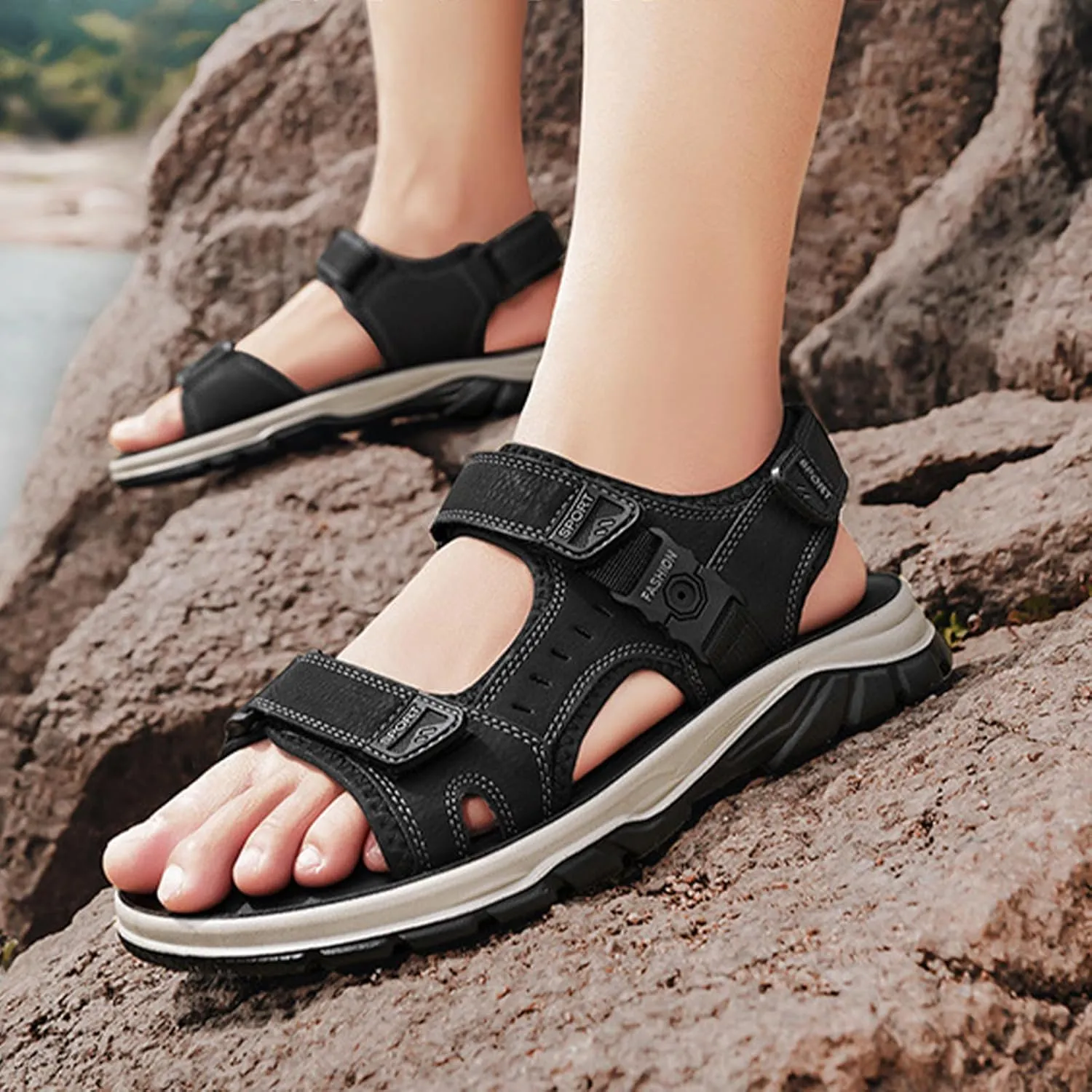Fashion Men's Hiking Open-Toe Sandals, Breathable Classics Real Leather Sports Sandals, Outdoor Backpacking Beach Shoes