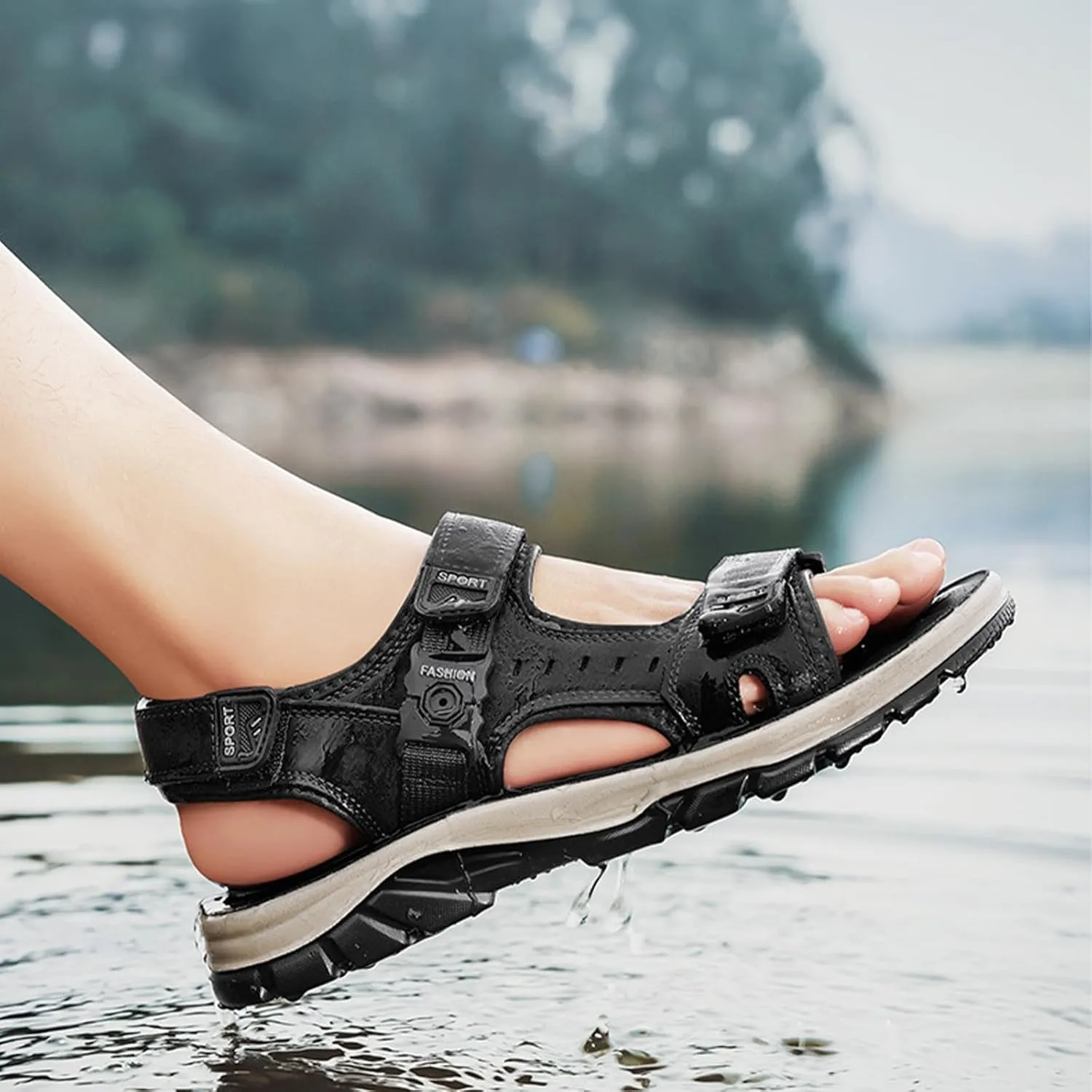 Fashion Men's Hiking Open-Toe Sandals, Breathable Classics Real Leather Sports Sandals, Outdoor Backpacking Beach Shoes