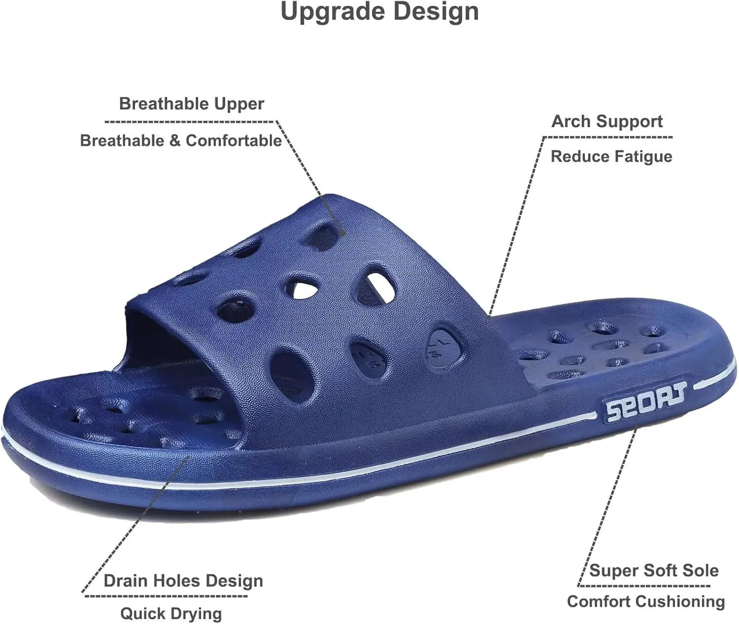 FINLEOO Shower Shoes for Women Men, Comfortable Arch Support Quick Drying Pool Slides, Non-Slip Beach Sandals Bathroom Travel College Dorm Shower Slippers