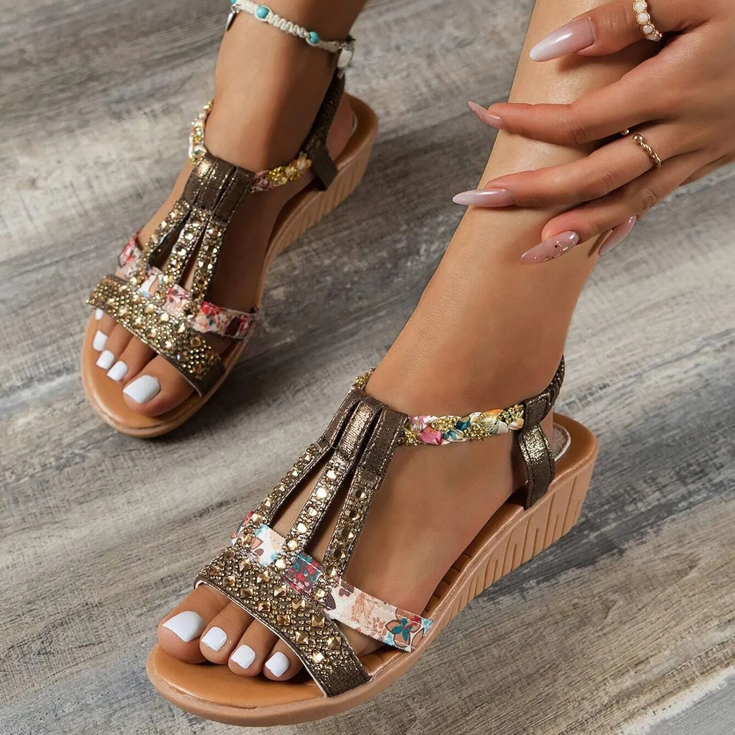 Flat Sandals for Women Dressy Ankle-Strap Summer Sandals with Elastic Band Open Toe Arch Support Comfortable Casual Sandals