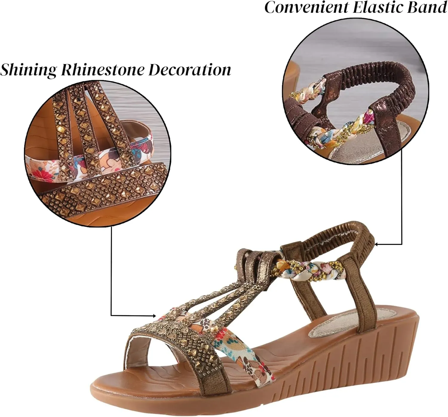 Flat Sandals for Women Dressy Ankle-Strap Summer Sandals with Elastic Band Open Toe Arch Support Comfortable Casual Sandals