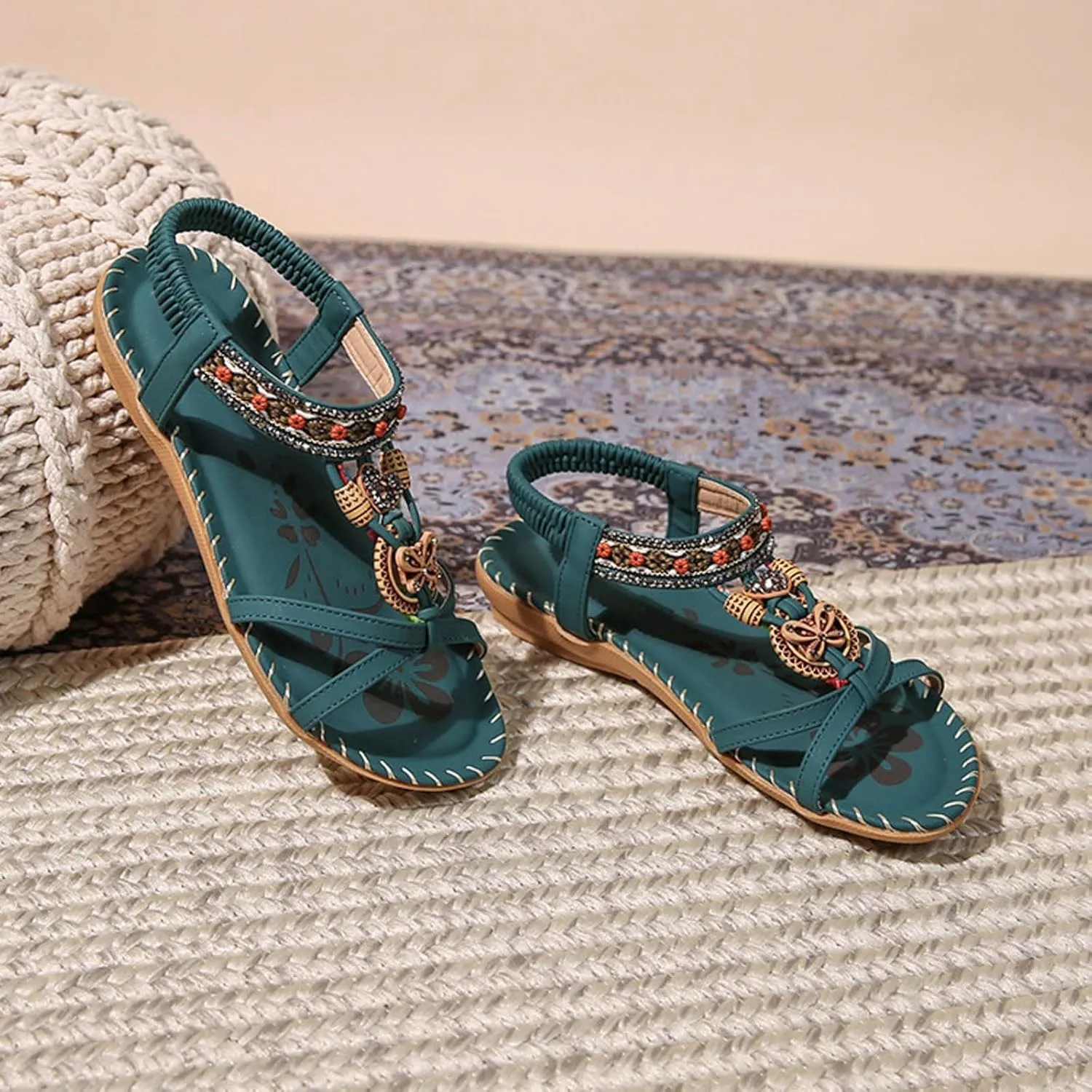 Flat Sandals for Women Dressy Wide Sparkly Rhinestone Strappy Flat Sandals Bridal Wedding Dress Shoes Fashion Sandals