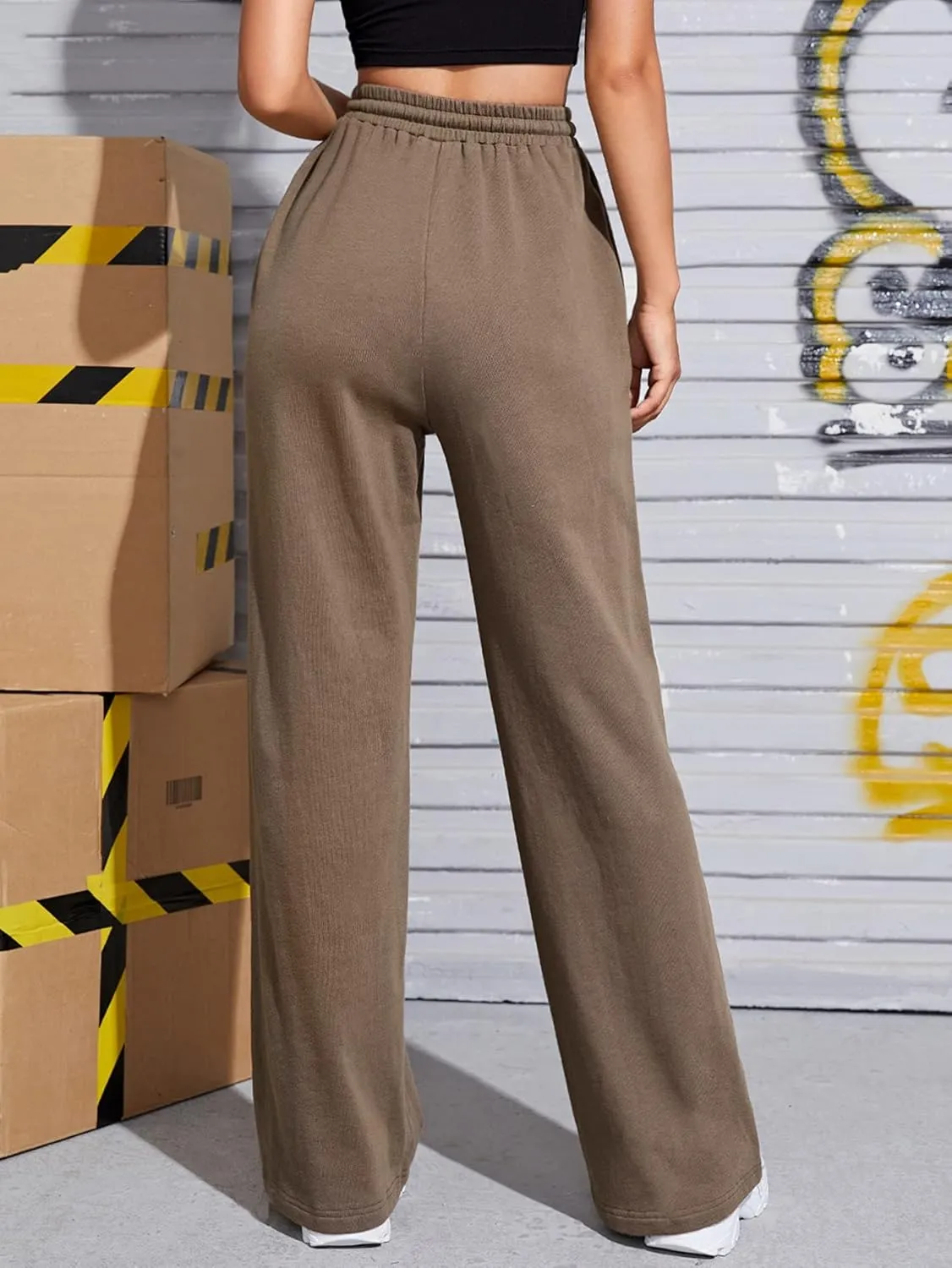 Floerns Women's Causal Drawstring High Waist Baggy Straight Wide Leg Sweatpants with Pockets