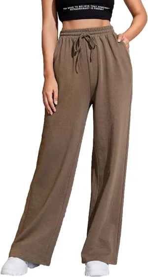 Floerns Women's Causal Drawstring High Waist Baggy Straight Wide Leg Sweatpants with Pockets