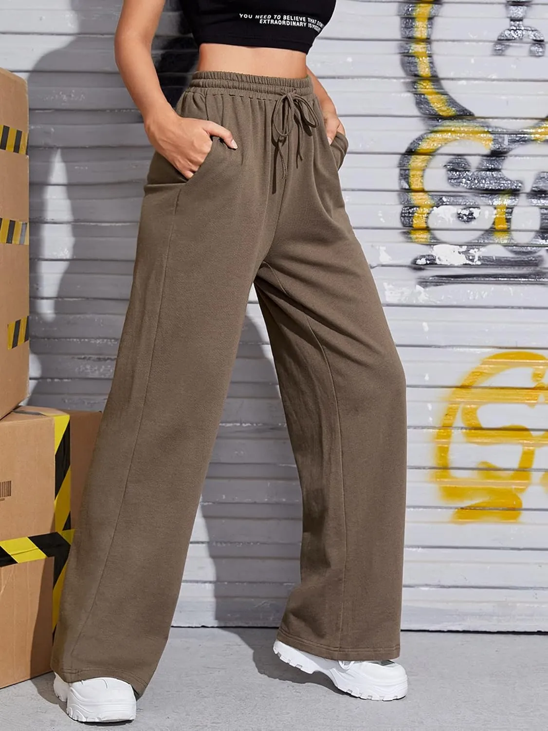 Floerns Women's Causal Drawstring High Waist Baggy Straight Wide Leg Sweatpants with Pockets