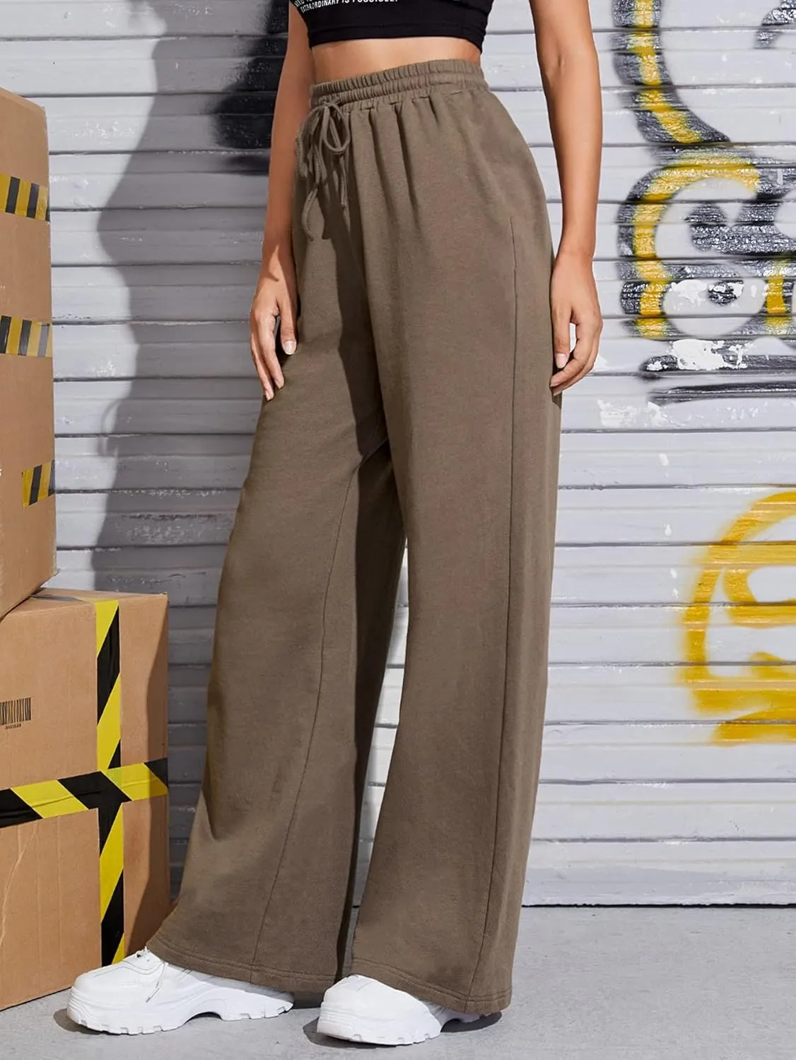 Floerns Women's Causal Drawstring High Waist Baggy Straight Wide Leg Sweatpants with Pockets