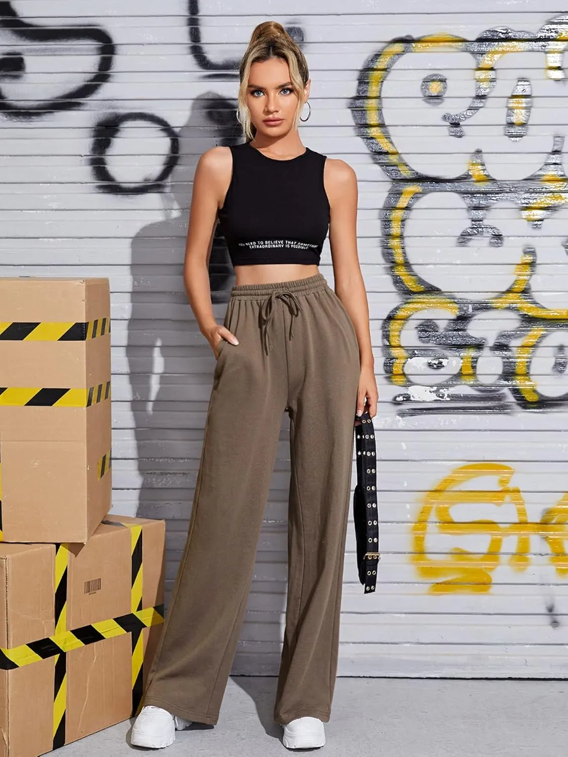 Floerns Women's Causal Drawstring High Waist Baggy Straight Wide Leg Sweatpants with Pockets