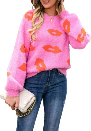 FOMOYUU Women Heart Print Sweater Valentine’s Day Pullovers Long Sleeve Round Neck Knitted Blouse Casual Loose Sweatshirt