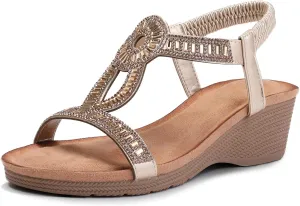 FRALOSHA Wedge Sandals for Women Dressy Elastic Ankle Strap Rhinestone Casual Summer Low Heel Comfortable Shoe