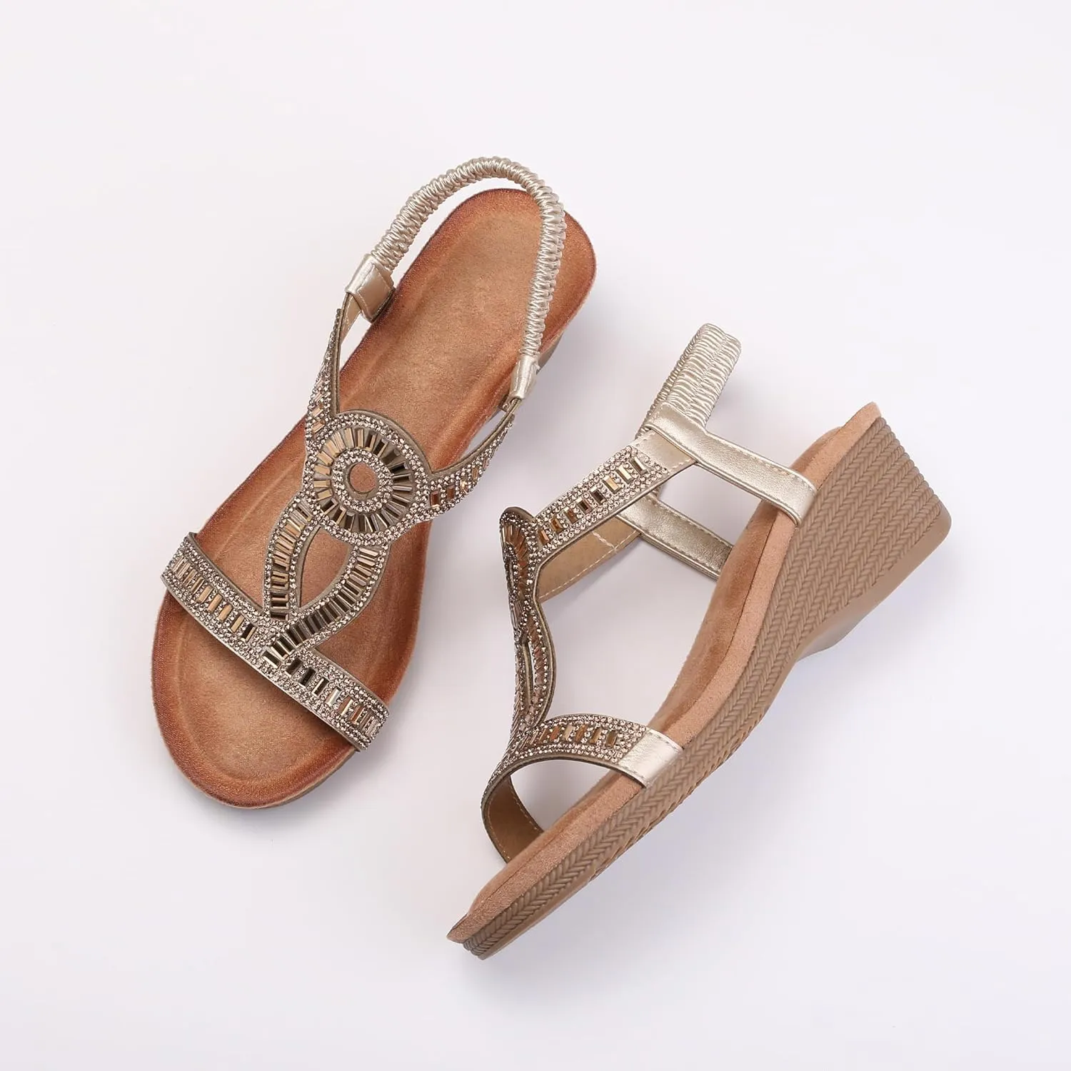 FRALOSHA Wedge Sandals for Women Dressy Elastic Ankle Strap Rhinestone Casual Summer Low Heel Comfortable Shoe