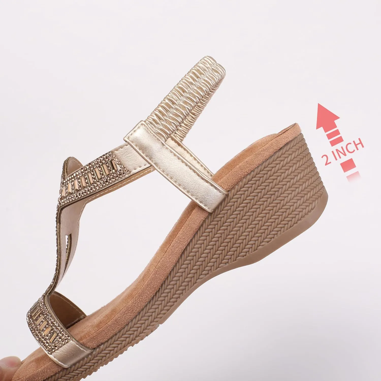 FRALOSHA Wedge Sandals for Women Dressy Elastic Ankle Strap Rhinestone Casual Summer Low Heel Comfortable Shoe