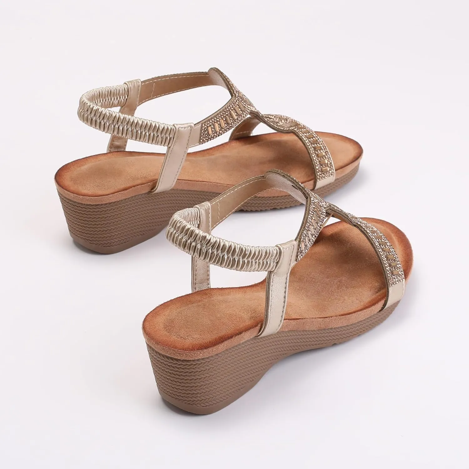 FRALOSHA Wedge Sandals for Women Dressy Elastic Ankle Strap Rhinestone Casual Summer Low Heel Comfortable Shoe