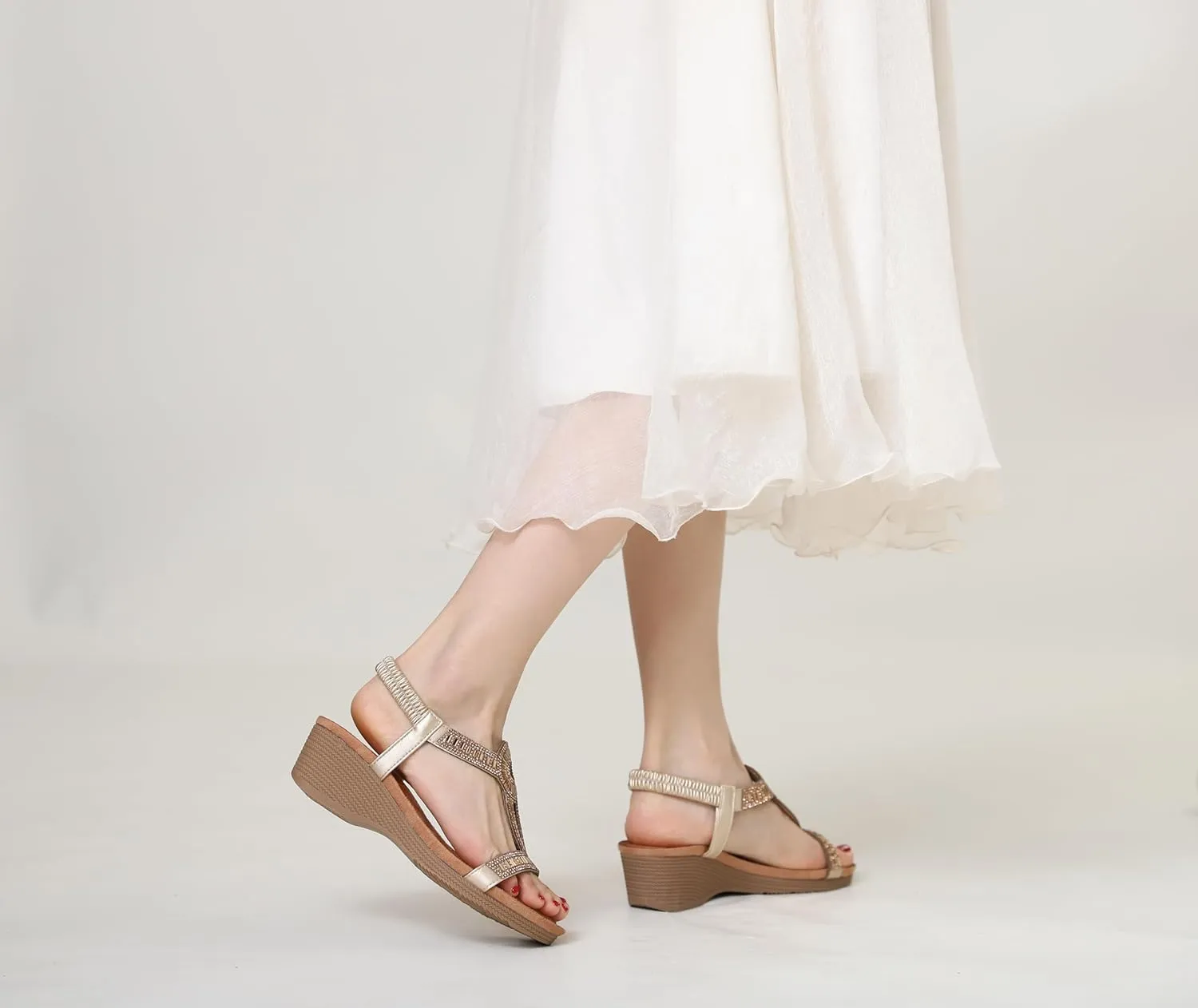 FRALOSHA Wedge Sandals for Women Dressy Elastic Ankle Strap Rhinestone Casual Summer Low Heel Comfortable Shoe
