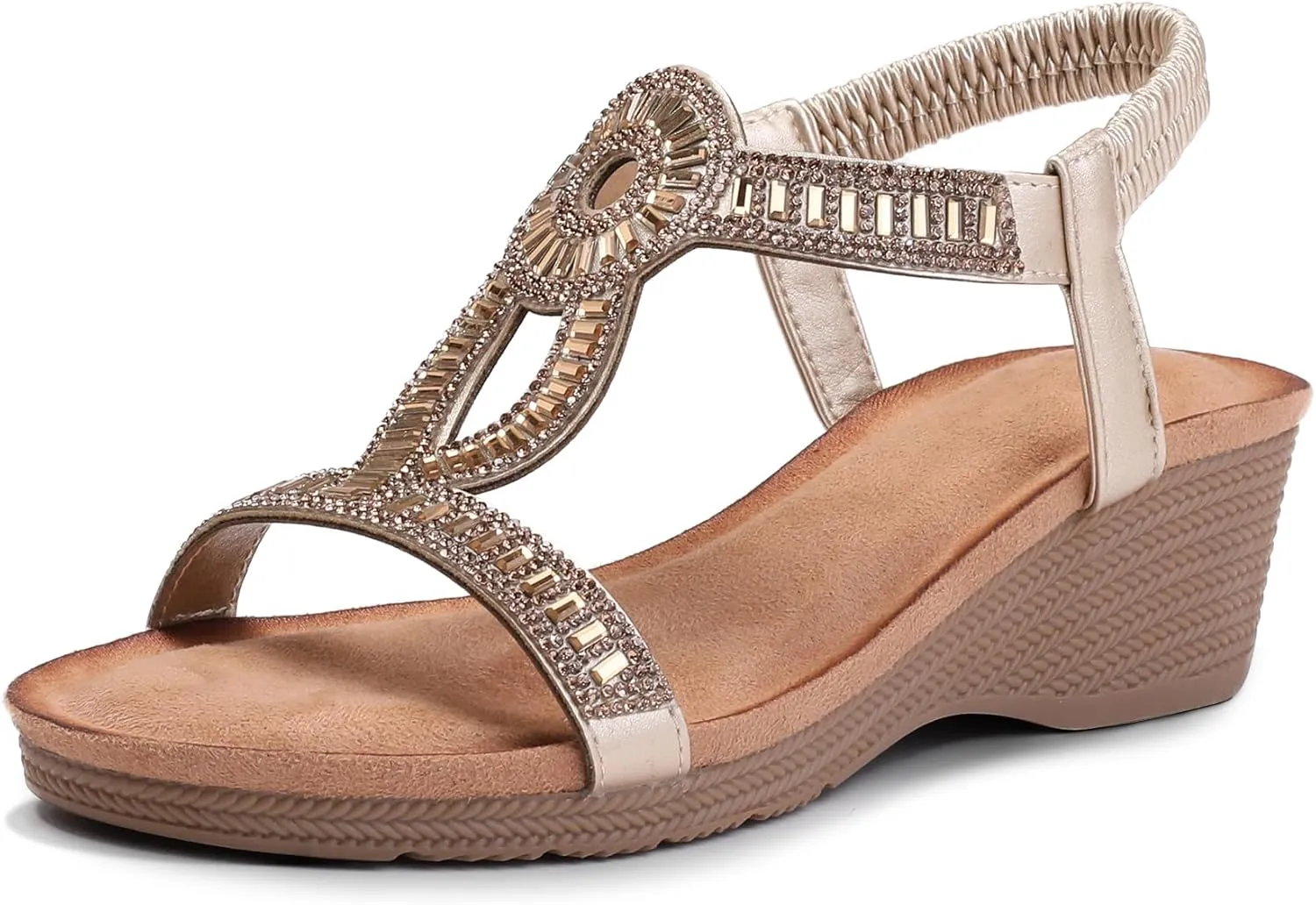 FRALOSHA Wedge Sandals for Women Dressy Elastic Ankle Strap Rhinestone Casual Summer Low Heel Comfortable Shoe