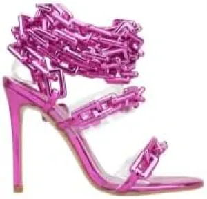 Frankie Hsu Luxury Women's Ankle Leg Lace Up Gold Link Chain Clear PVC Strappy Stiletto Round Toe High Heeled Sandals