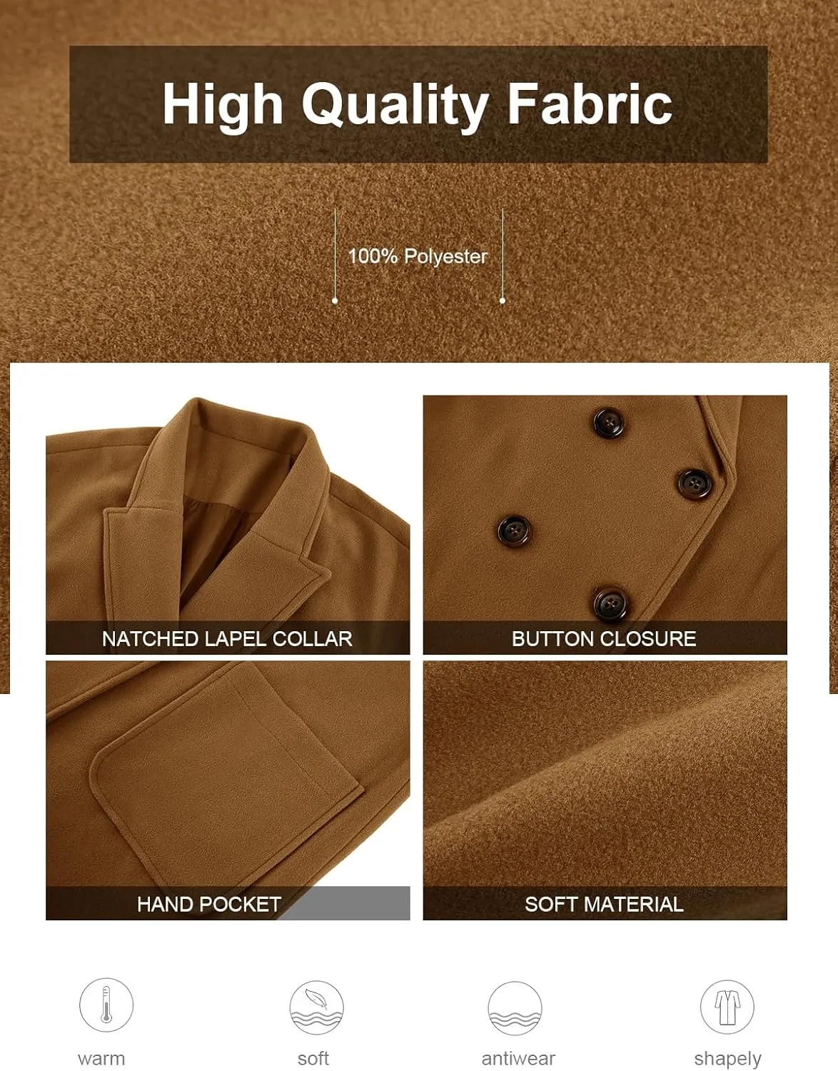 FSHAOES Womens Lapel Peacoat Winter Double-Breasted Outerwear Mid Long Jacket Casual Trench Coat