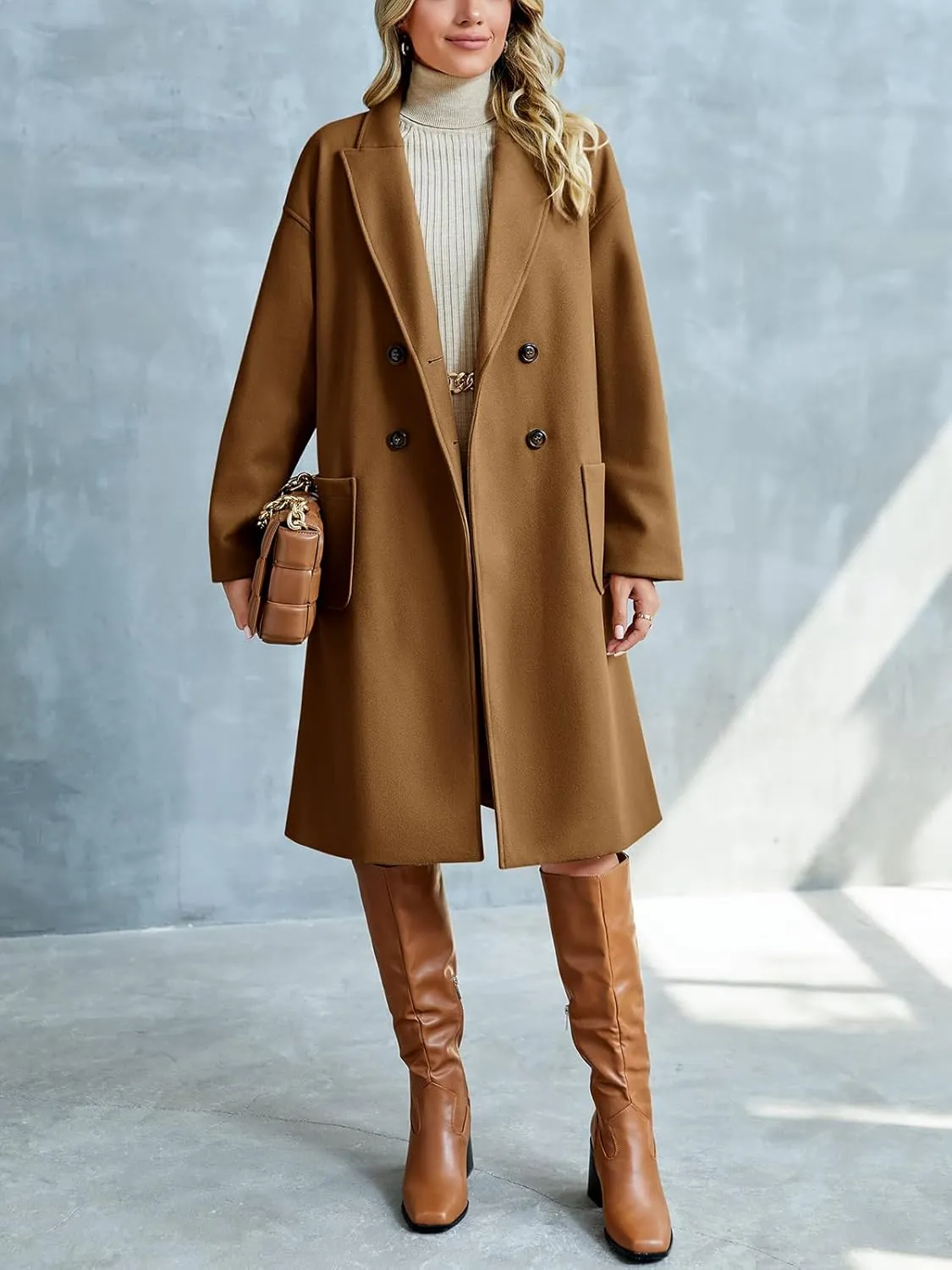 FSHAOES Womens Lapel Peacoat Winter Double-Breasted Outerwear Mid Long Jacket Casual Trench Coat