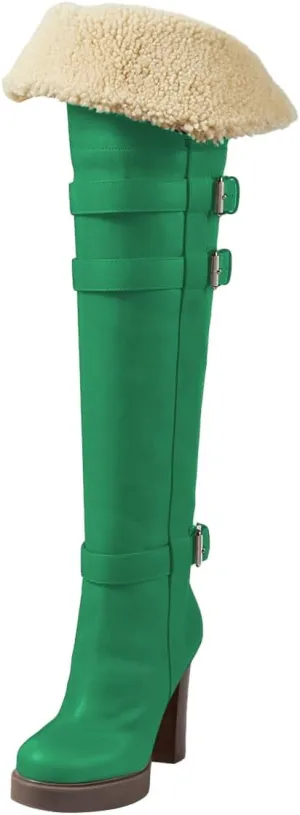 FSJ Women Over The Knee Boots Platform Chunky High Heels Round Toe Buckled Strappy Folded Fur Collar Fashion Warm Fall Winter Shoes Size 4-16 US