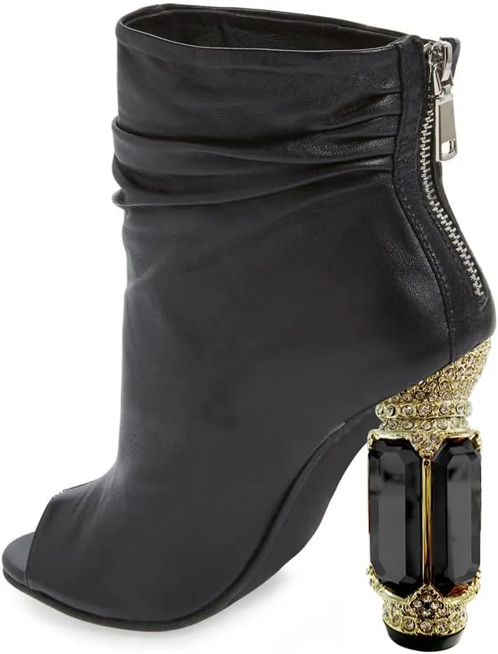 FSJ Women Stylish Peep Toe Slouch Ankle Boots Chunky Stacked Heels Party Prom Nightclub Evening Wedding Crystal Heel Dress Shoes Size 4-15 US