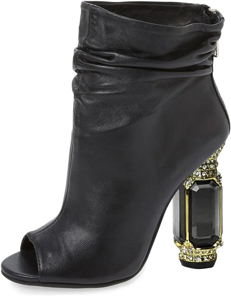 FSJ Women Stylish Peep Toe Slouch Ankle Boots Chunky Stacked Heels Party Prom Nightclub Evening Wedding Crystal Heel Dress Shoes Size 4-15 US