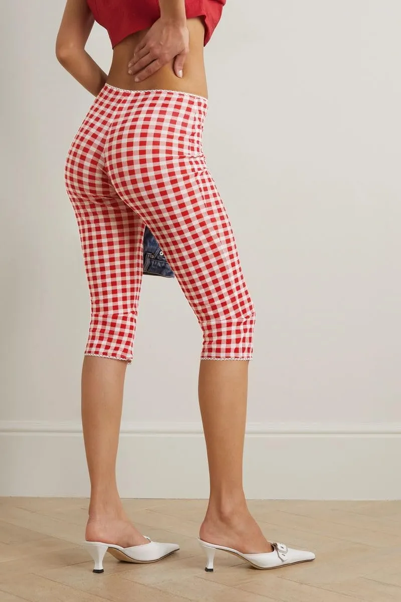 Gingham Capri Pants for Women Elastic Waist Mid Rise Skinny Capri Leggings Vintage Plaid Cropped Trousers