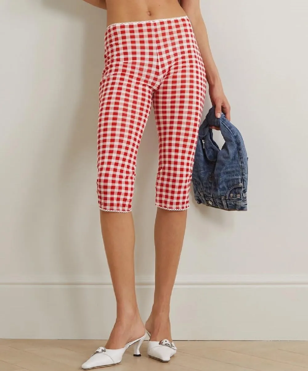 Gingham Capri Pants for Women Elastic Waist Mid Rise Skinny Capri Leggings Vintage Plaid Cropped Trousers