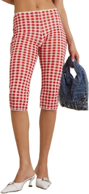 Gingham Capri Pants for Women Elastic Waist Mid Rise Skinny Capri Leggings Vintage Plaid Cropped Trousers