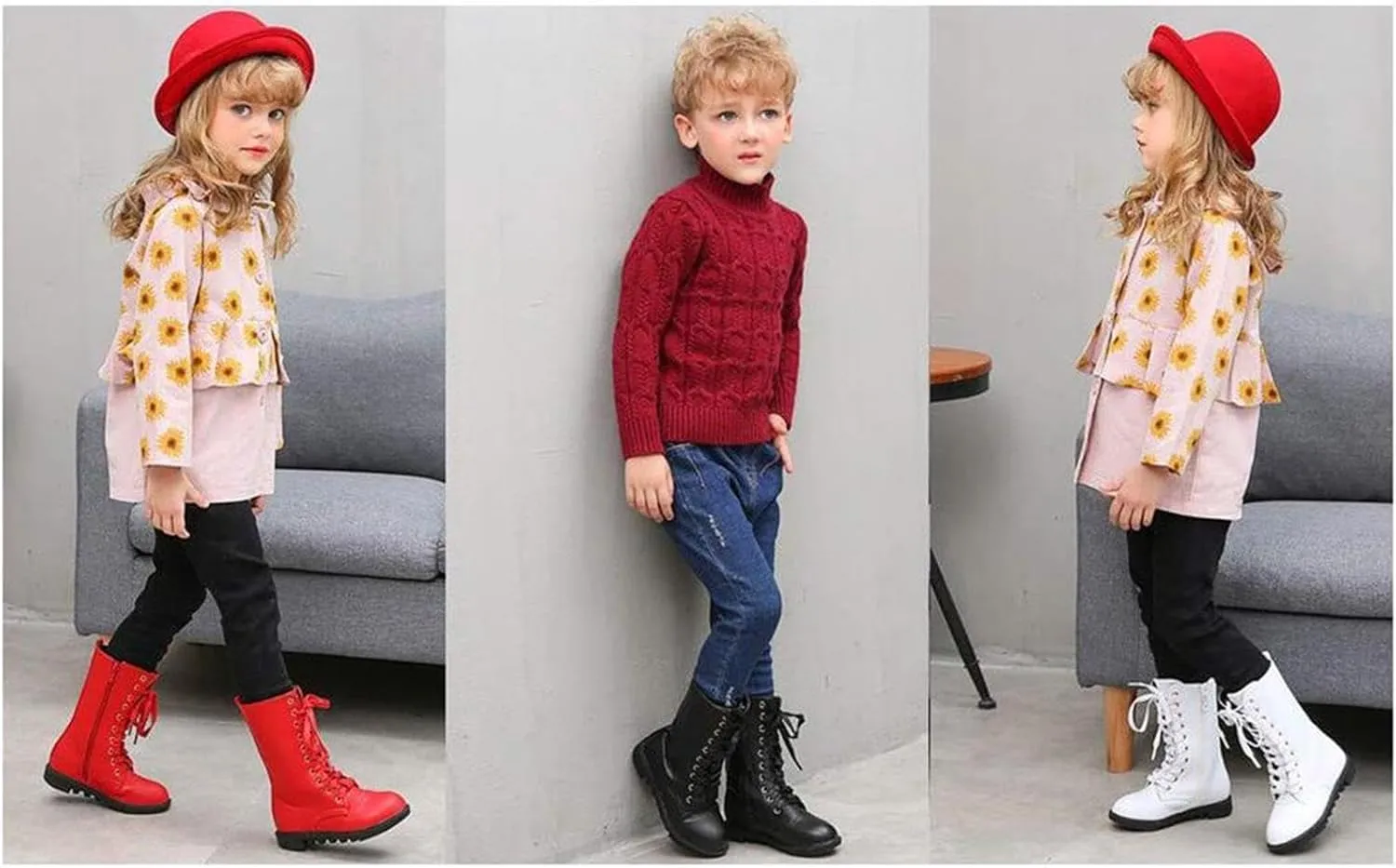 Girl's Boy's Waterproof Leather Side Zipper Mid Calf Combat Boots Outdoor Riding Boots Winter Snow Boots(Toddler/Little Kid/Big Kid)