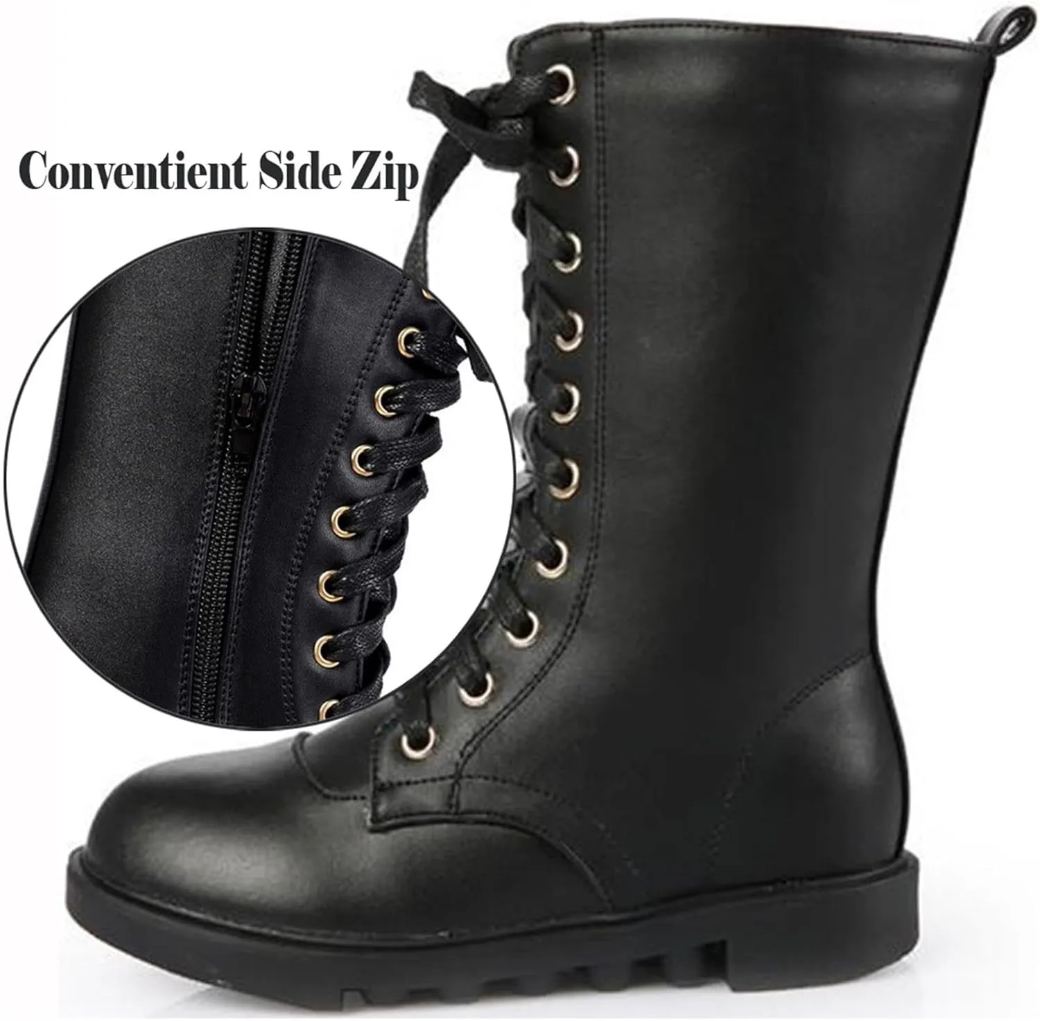 Girl's Boy's Waterproof Leather Side Zipper Mid Calf Combat Boots Outdoor Riding Boots Winter Snow Boots(Toddler/Little Kid/Big Kid)