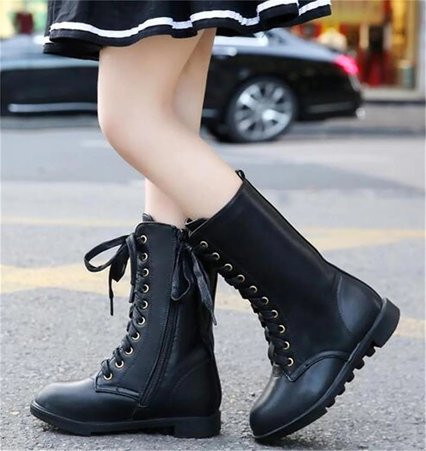 Girl's Boy's Waterproof Leather Side Zipper Mid Calf Combat Boots Outdoor Riding Boots Winter Snow Boots(Toddler/Little Kid/Big Kid)