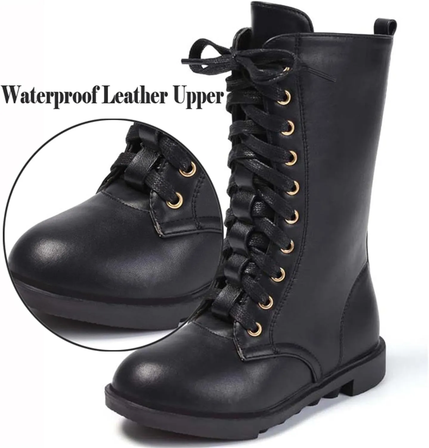 Girl's Boy's Waterproof Leather Side Zipper Mid Calf Combat Boots Outdoor Riding Boots Winter Snow Boots(Toddler/Little Kid/Big Kid)